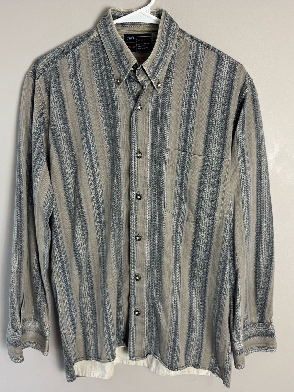 Trulfit Mens 100% Cotton Double Lined Striped Ribbed Button Down Shirt Size M